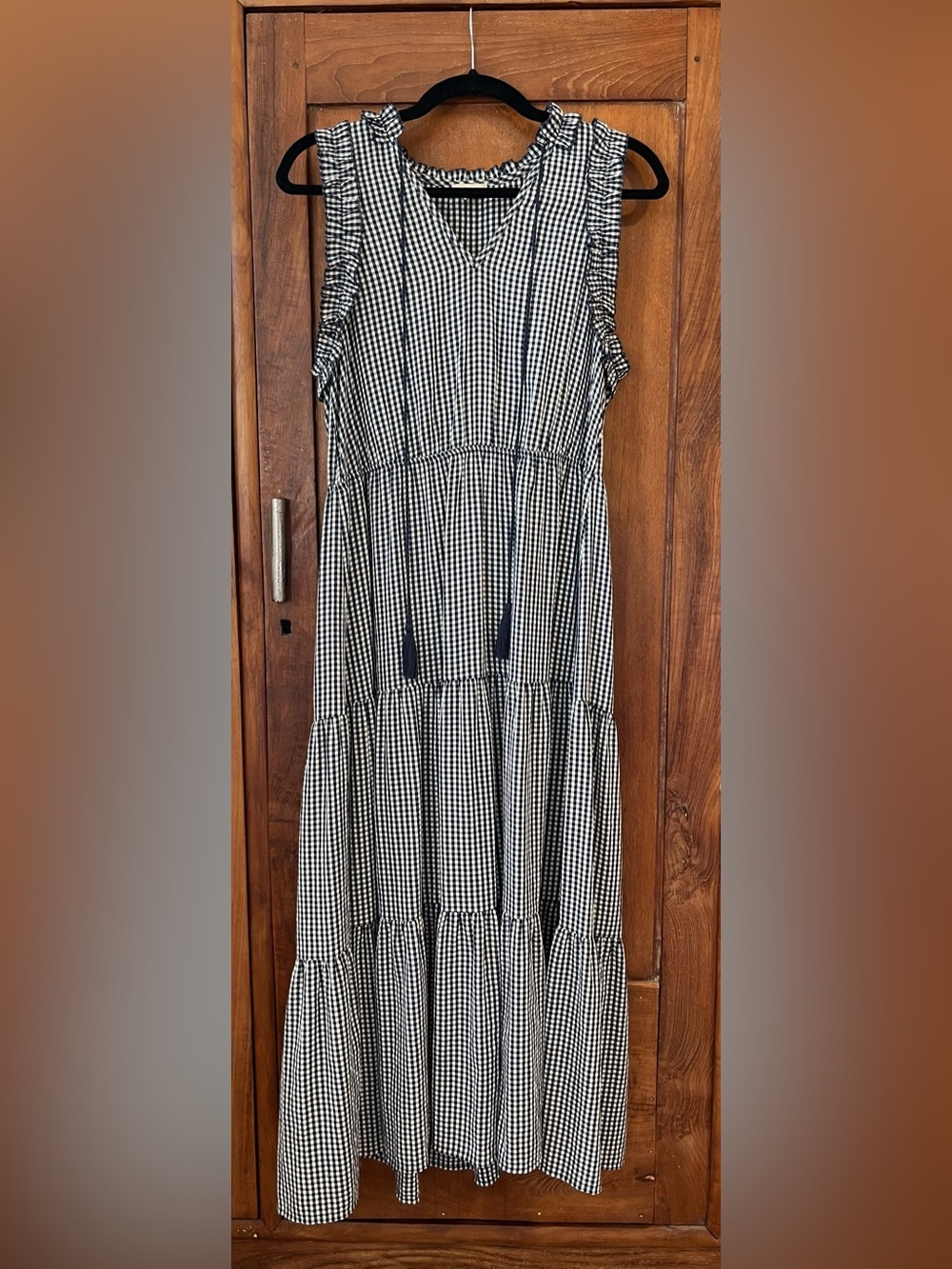Navy Blue and White Gingham Maxi Dress